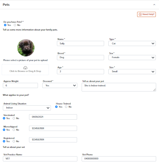 Adding a pet to your application 2Apply Online rental application form